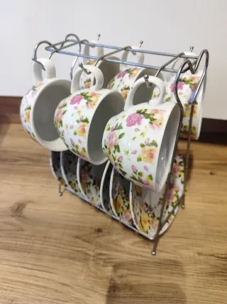 Set de 6 tazas de cerámica con soporte