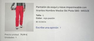 Pantalón de esquí rojo Talla L