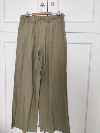 Pantalón Zara Lino Ancho Talla S Verde