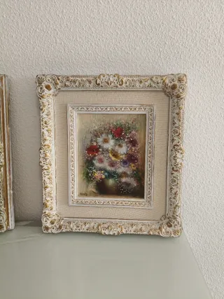 Pareja cuadros óleo flores marco clásico