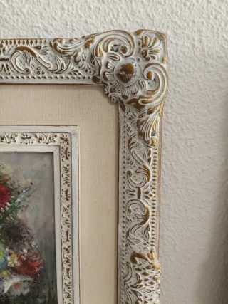 Pareja cuadros óleo flores marco clásico