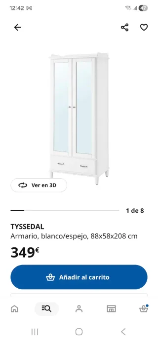 Armario blanco con puertas de espejo. Tyssedal.