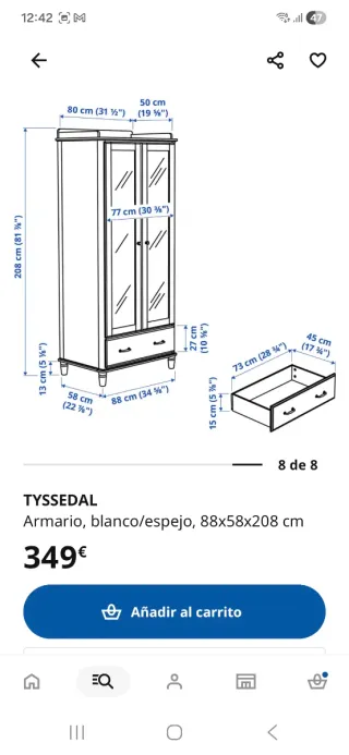 Armario blanco con puertas de espejo. Tyssedal.