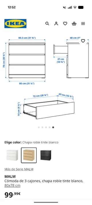 Cómoda 3 cajones roble