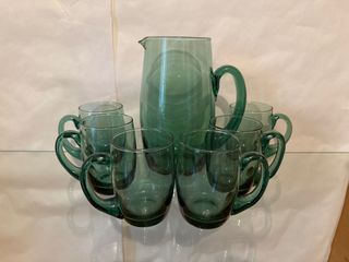 Jarra y 5 vasos cristal verde