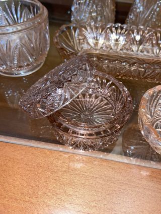 Juego tocador antiguo vidrio rosa