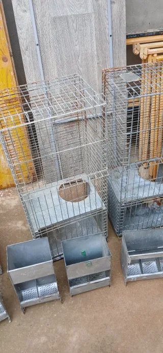 Jaulas metálicas y comederos para animales