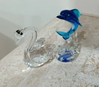 Coppia statuine Delfino e Cigno in vetro di Murano