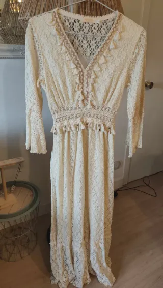 Vestido largo encaje beige S