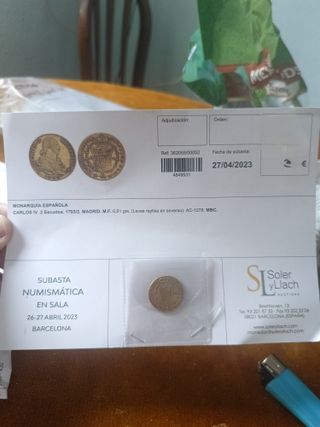 Moneda oro 2 escudos....factura y ficha subasta