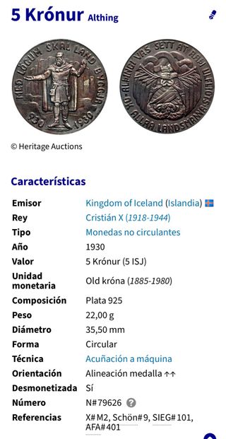 Moneda Islandia 1930 Plata 5 Kronur.