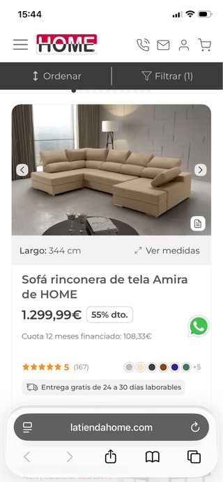 Sofá chaiselongue 4/5 plazas, convertible en cama