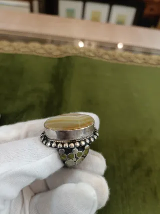 Anillo Plata Antigua Piedra Beige Talla 18.1 mm