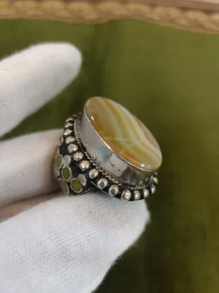 Anillo Plata Antigua Piedra Beige Talla 18.1 mm