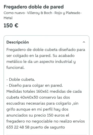 Fregadero doble inox para colgar