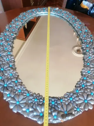 Espejo Ovalado Flores Relieve Plata Turquesa
