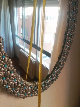 Espejo Ovalado Flores Relieve Plata Turquesa