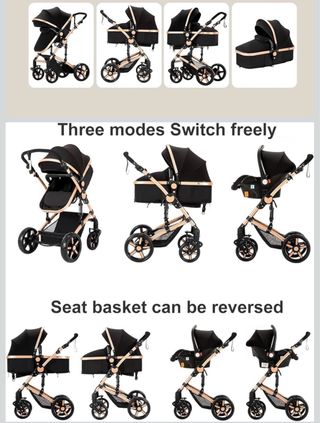 Cochecito de bebé 3 en 1 negro y dorado