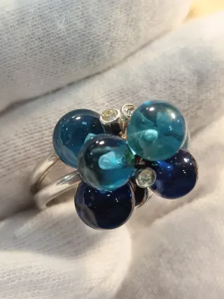 Anillo Diseño Bolas Azul Plata