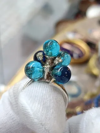 Anillo Diseño Bolas Azul Plata