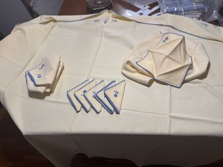 Mantel y servilletas de hilo bordado azul