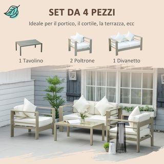 Set da Giardino 4 Pezzi con Divano, 2 Poltrone e Tavolo con Piano in Vetro, Cuscini Sfoderabili, Oro