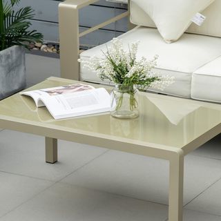 Set da Giardino 4 Pezzi con Divano, 2 Poltrone e Tavolo con Piano in Vetro, Cuscini Sfoderabili, Oro