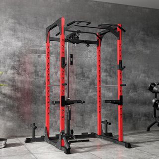Torre de Potencia, Estación de Fitness con Estación de Cables, Soporte para Barra, Discos y Barra para Dominadas y Fondos, Gimnasio Multifuncional de Acero, para Gimnasio en Casa, 191X153X205 Cm, ...