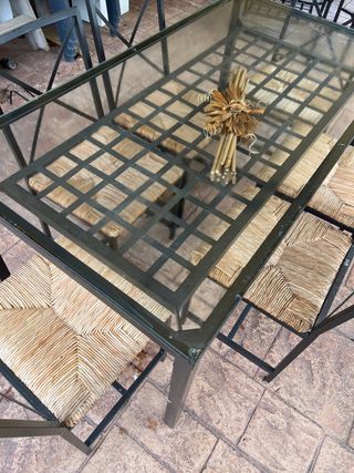 Mesa comedor cristal y metal con 6 sillas