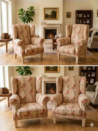 2 sillones orejeros  tela floral beige y rojo.