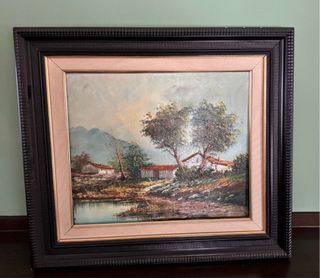 Cuadro paisaje rural con casas y río