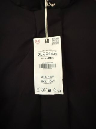 Abrigo largo acolchado negro Zara talla XL