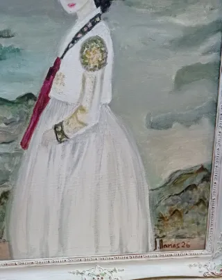 Cuadro al óleo de mujer con paisaje