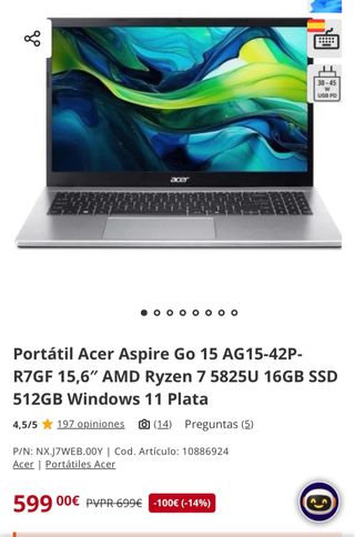 Portátil Acer Aspire Go 15 Ryzen 7 5825U