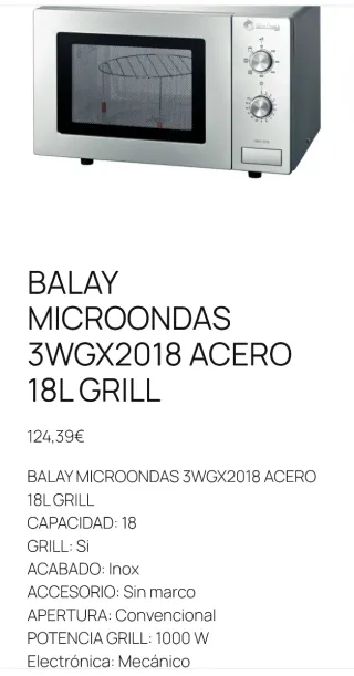 Microondas Balay 3WGX2018 Libre Instalación