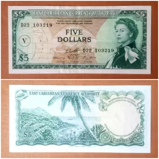 Biglietto da 5 Dollari dei Caraibi Orientali Regina Elisabetta
