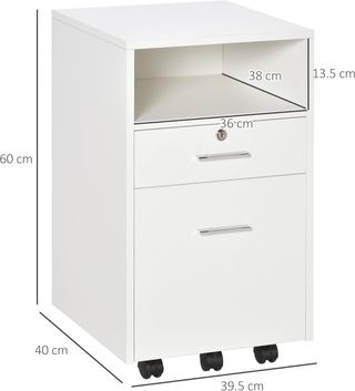 Archiviatore da ufficio con 2 cassetti, 5 ruote e ripiano aperto, cassettiera con serratura e 2 chiavi per carta/formato A4, armadio verticale per studio, 39X40X65 cm, bianco