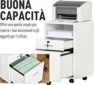 Archiviatore da ufficio con 2 cassetti, 5 ruote e ripiano aperto, cassettiera con serratura e 2 chiavi per carta/formato A4, armadio verticale per studio, 39X40X65 cm, bianco