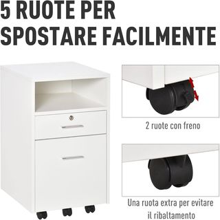 Archiviatore da ufficio con 2 cassetti, 5 ruote e ripiano aperto, cassettiera con serratura e 2 chiavi per carta/formato A4, armadio verticale per studio, 39X40X65 cm, bianco