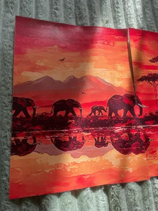 Set 3 Stampe Tela Elefanti Tramonto.