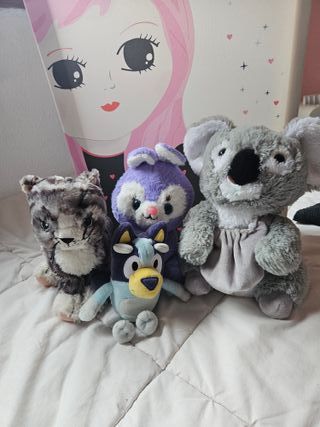 Lote de 4 peluches: Koala, Conejo, Tigre y Bluey