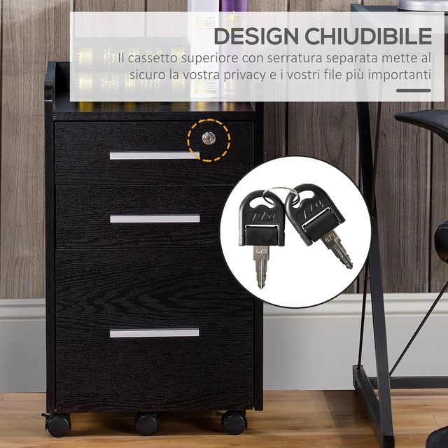 Archivador De Oficina Con 3 Cajones, 5 Ruedas, Cajonera De Oficina Con Cerradura Y 2 Llaves para Carta/Legal/Formato A4, Armario Vertical para Estudio, 39.2X40X65.4 Cm, Negro
