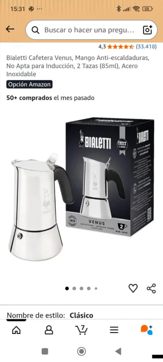 Cafetera Bialetti Venus 2 Tazas Inox