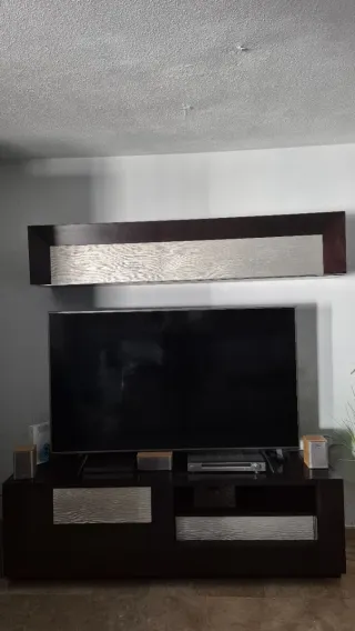 Mueble salón completo madera y cristal