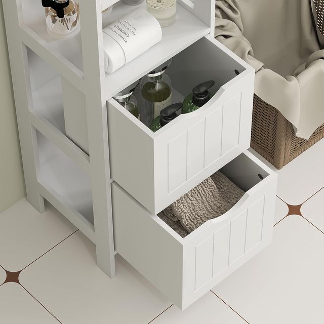 Mueble de Baño Con 3 Estantes Abiertos y 2 Cajones, Columna de Baño Ahorra Espacio en Madera, Armario para Comedor, Sala de Estar, Cocina, 30X30X141.2 Cm, Blanco