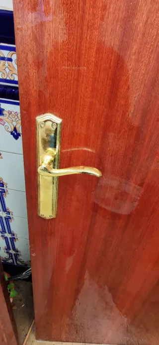 Puerta de madera con manillas doradas