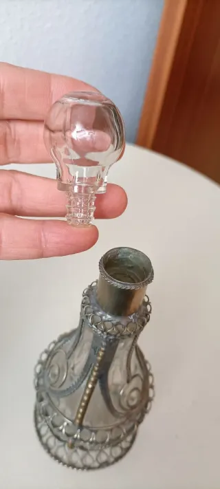 Antiguo Perfumero Frasco Vidrio Metal
