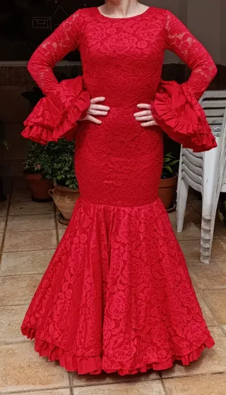 Traje Flamenca Rojo Encaje Volantes