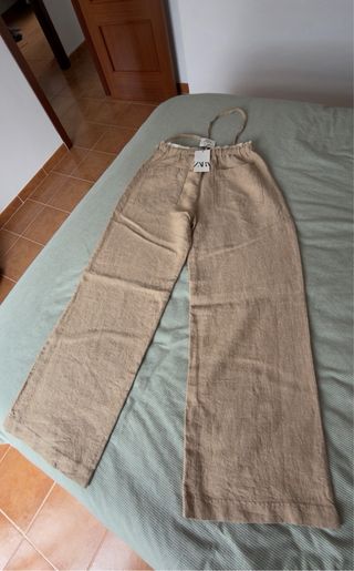 Pantalón Zara Lino Pierna Ancha Beige