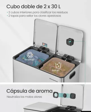 SONGMICS Cubo de Cocina, 2 x 30 L, Papelera Doble